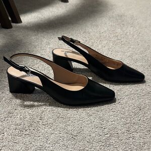 Black Leather Slingback Block Heel Pumps